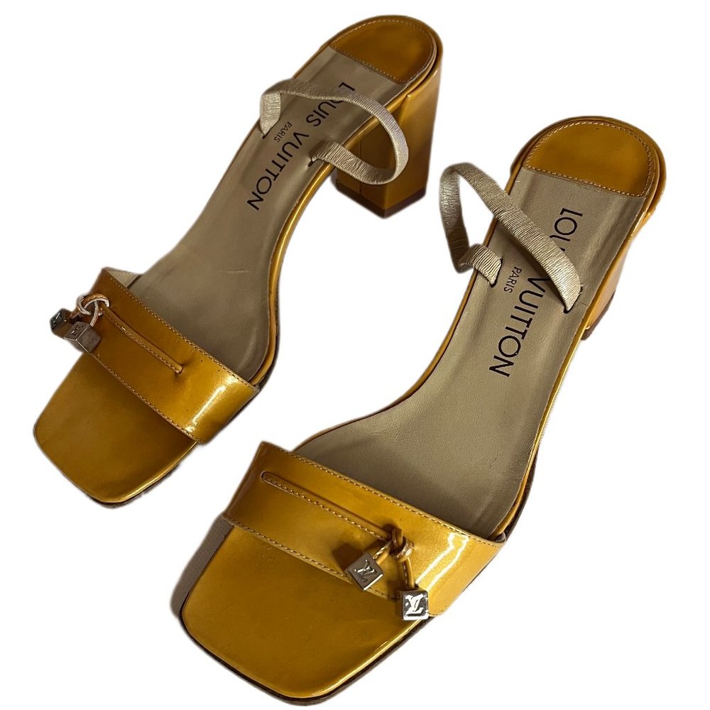 Louis Vuitton Gold Block Heel Sandals Metal LV Logo Charms Size 36.65 (US 6)